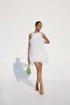 Clara Feathered Dress in White