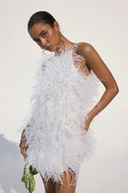 Clara Feathered Dress in White