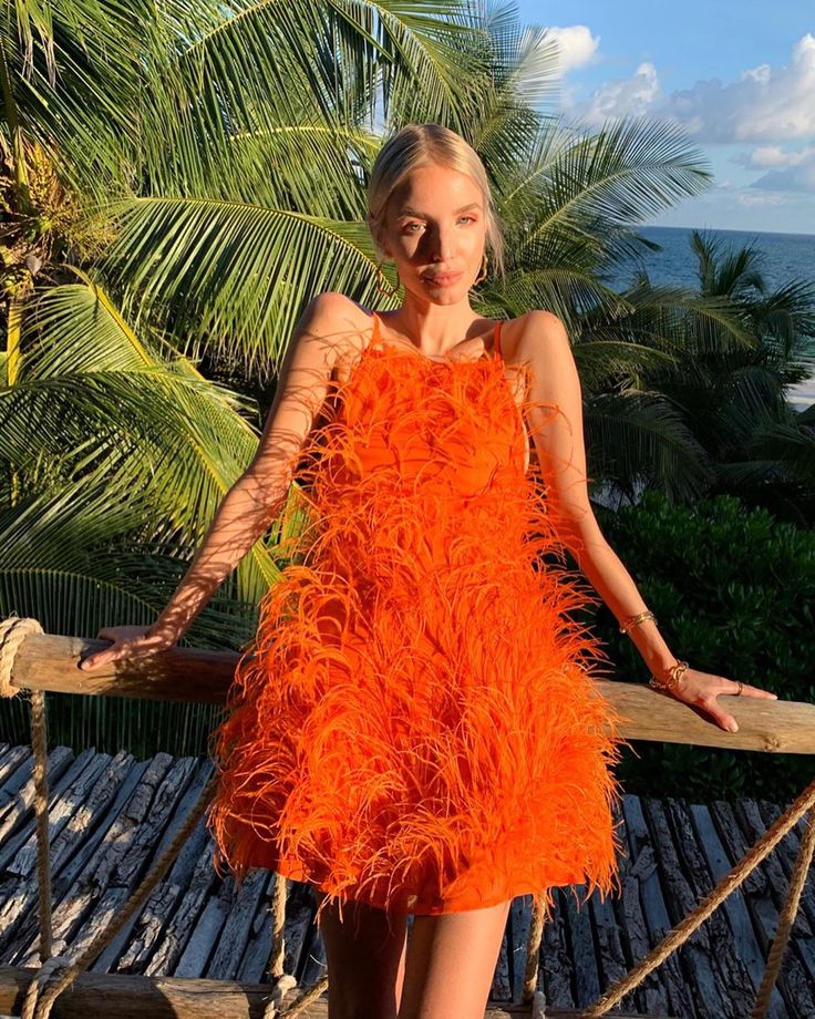 Clara Feathered Dress in Orange