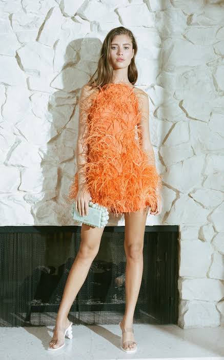 Clara Feathered Dress in Orange